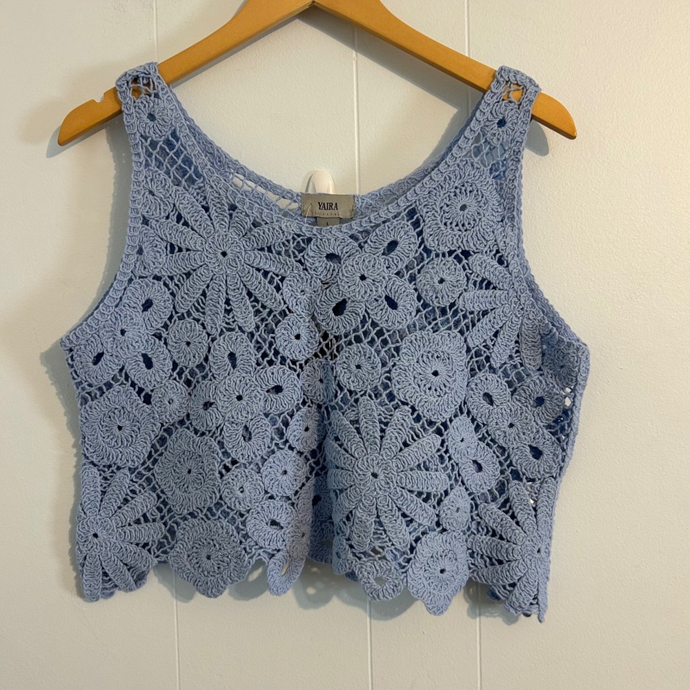 Yaira‎ Womens Light Blue Floral Crochet Crop Top Sleeveless Scalloped Hem Large